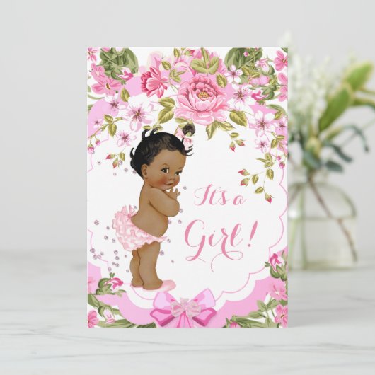 Sweet Pink Floral Roos Baby shower Meisje Etnische Kaart (Staand voorkant)