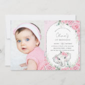Sweet Pink Floral Rozen Elephant Birthday Foto Kaart (Voorkant)