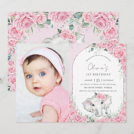 Sweet Pink Floral Rozen Elephant Birthday Foto Kaart (Voorkant / Achterkant)