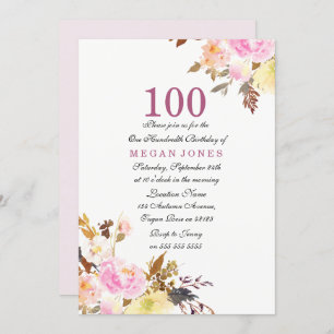 Sweet Pink Floral Script 100th Birthday Invitation Kaart