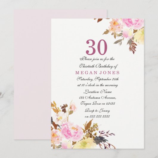 Sweet Pink Floral Script 30th Birthday Invitation Kaart (Voorkant / Achterkant)