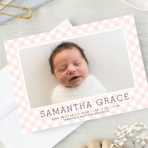 Sweet Pink Gingham Pattern Aankondiging geboorte