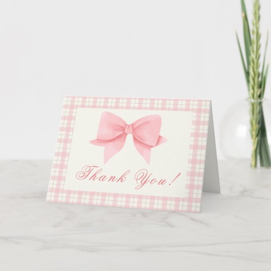 Sweet Pink Gingham Plaid Bow Meisje Baby shower Bedankkaart (Voorkant)