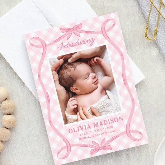 Sweet Pink Gingham Ribbon Bow Geboorteaankondiging Kaart