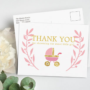 Sweet Pink Gold Carriage Baby shower Hartelijk dan Briefkaart