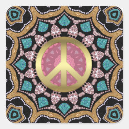 Sweet Pink & Gold Groovy Peace Mandala Energy Gold Vierkante Sticker