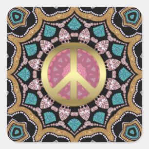 Sweet Pink & Gold Groovy Peace Mandala Energy Gold Vierkante Sticker