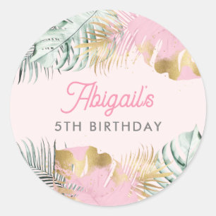 Sweet Pink & Gold Tropische bladeren Verjaardag Ronde Sticker