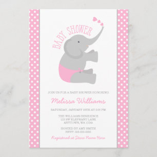 Sweet Pink Grey Elephant Baby Shower Invitations Kaart