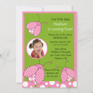 Sweet Pink Ladybug Foto Birthday Uitnodiging