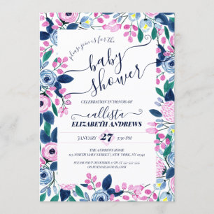 Sweet Pink Navy Flowers Waterverf Baby shower Kaart