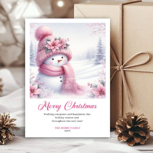 Sweet pink snowman Christmas kids card editable Feestdagenkaart