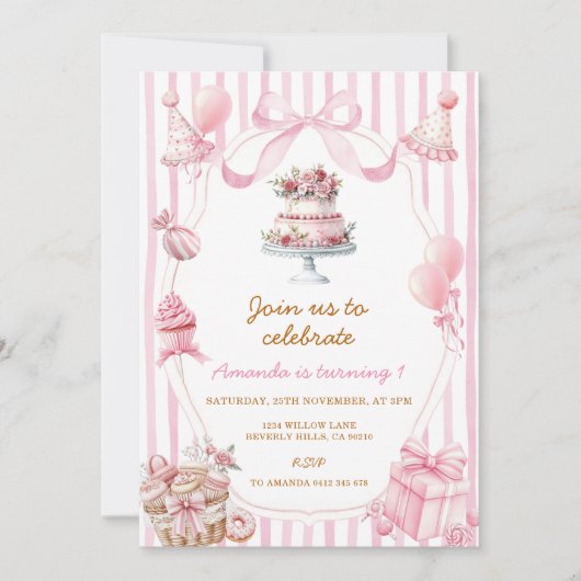 Sweet Pink Stripe Bow Girl Birthday Invitation (Devant)