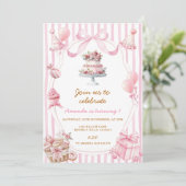 Sweet Pink Stripe Bow Girl Birthday Invitation (Debout devant)