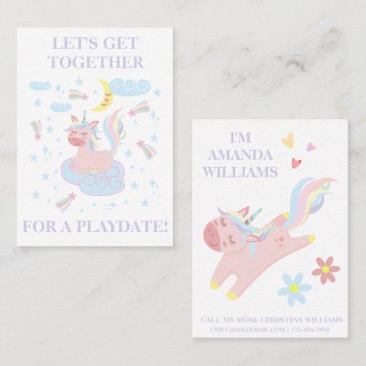 Sweet Pink Unicorn Playdate Mammie Calling Card Visitekaartje (Voorkant / Achterkant)