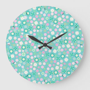 Sweet Pink White Blauwgroen Ditsy Floral Pattern Grote Klok