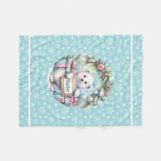 Sweet Polar Bear Personalize Name Christmas Baby Fleece Deken (Voorkant (Horizontaal))