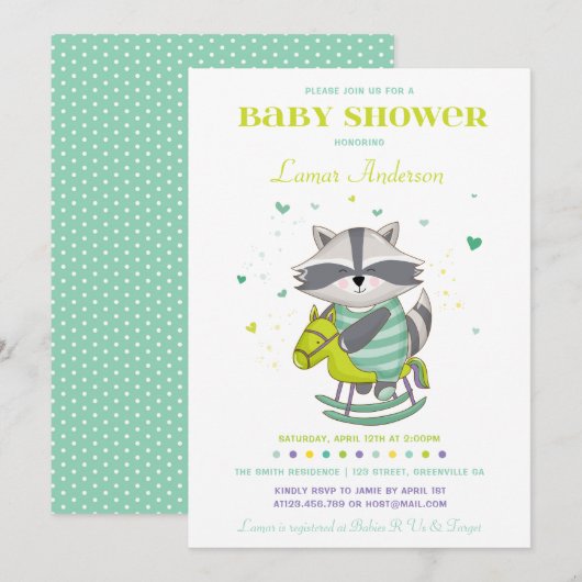 Sweet Raccoon Baby shower Invitation (Devant / Derrière)