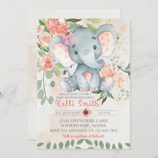 Sweet rose Elephant Floral Bébé Douche Invitations (Devant / Derrière)