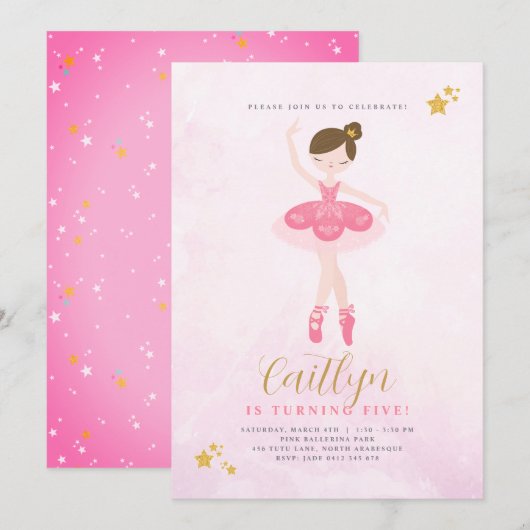 Sweet Rose & Or Ballerina Invitation Anniversaire (Devant / Derrière)