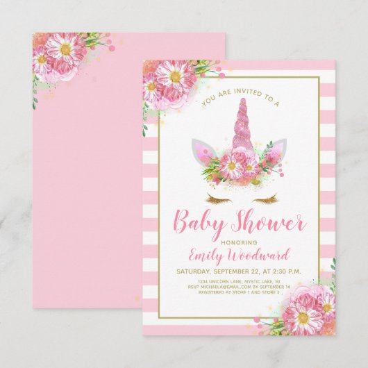 Sweet Rose Unicorn Visage Baby shower Invitation (Devant / Derrière)