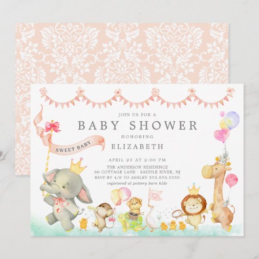 Sweet Safari Animaux Parade Baby shower Invitation (Devant / Derrière)
