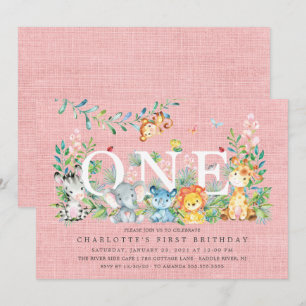 Sweet Safari ONE Girls 1ST Birthday Invitation Kaart