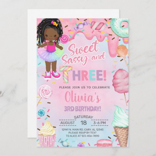 Sweet sassy and three girl 3rd birthday invitation (Devant / Derrière)