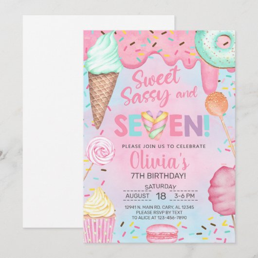 Sweet sassy et invitation à l'anniversaire de sept (Devant / Derrière)