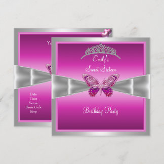 Sweet Sixteen 16 Fuchsia Roze Zilveren Tiara 2 Kaart