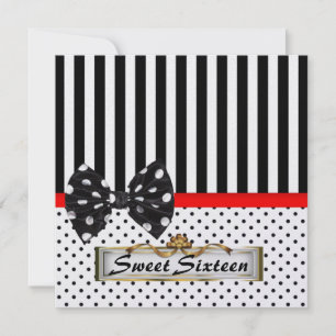 Sweet Sixteen 16 Party Black and White Invitation Kaart