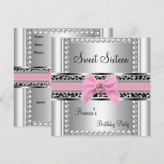 Sweet Sixteen 16-roze luis Silver Pearl Leopard Kaart (Voorkant / Achterkant)