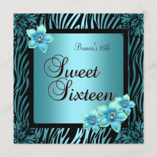 Sweet Sixteen 16 Verjaardag Blauwe Bloem zwart Zil Kaart