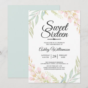 Sweet Sixteen 16e Verjaardag Blauw Roze Bloemmotie Kaart