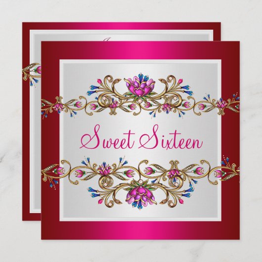 Sweet Sixteen 16e verjaardag White Gold Fushia Kaart (Voorkant / Achterkant)