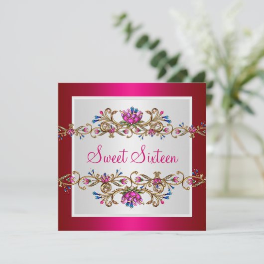 Sweet Sixteen 16e verjaardag White Gold Fushia Kaart (Staand voorkant)