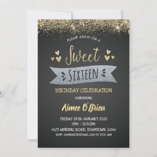 Sweet Sixteen Birthday Party Gold Glitter Kaart