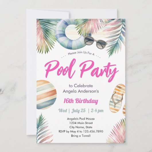 Sweet Sixteen Birthday Pool Party Invitation (Devant)