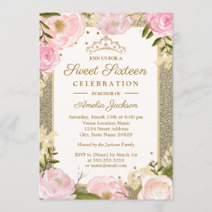 Sweet Sixteen Birthday Sparkle Pink Gold Floral Kaart