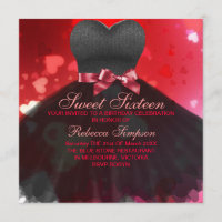 Sweet Sixteen Black & Red Dress/Heart Uitnodiging