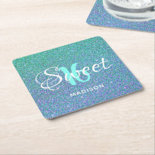 Sweet Sixteen Blauwgroen Blauw Elegant Gepersonali Vierkante Kartonnen Onderzetter
