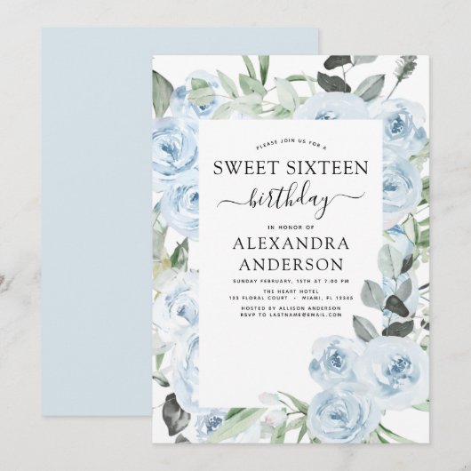 Sweet sixteen bleu Dusty Invitation de fête d'anni (Devant / Derrière)