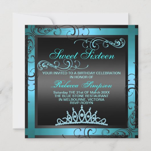 Sweet sixteen Blue Tiara Invitation d'anniversaire (Devant)