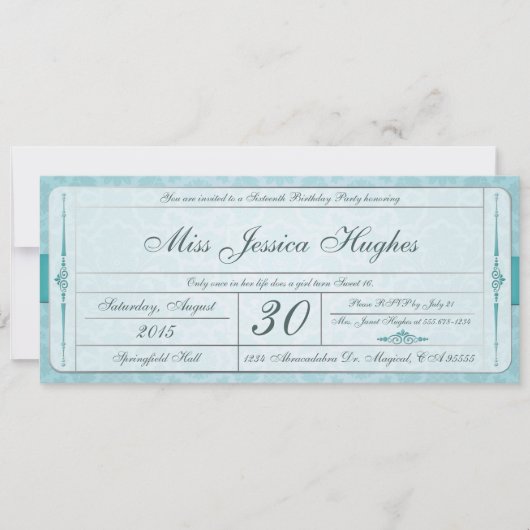 Sweet sixteen Damask Ticket Invitation (Devant)