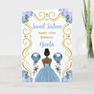 Sweet Sixteen Dark Skin Princess Blue Verjaardag Kaart