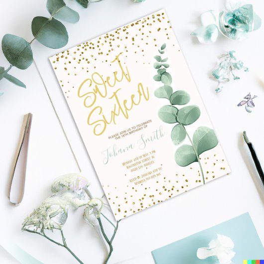 Sweet sixteen d'or Eucalyptus Invitation d'anniver