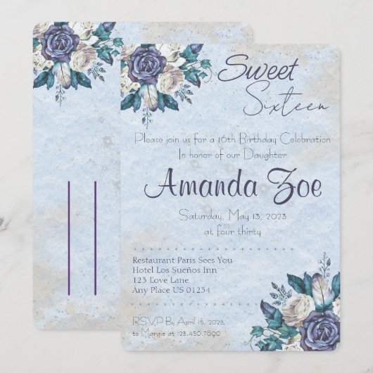 Sweet sixteen Dusty Blue Floral invitation (Devant / Derrière)