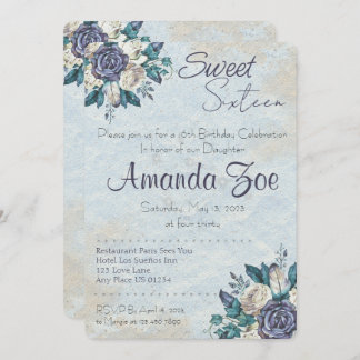 Sweet sixteen Dusty Blue Floral invitation