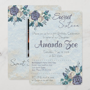 Sweet sixteen Dusty Blue Floral invitation