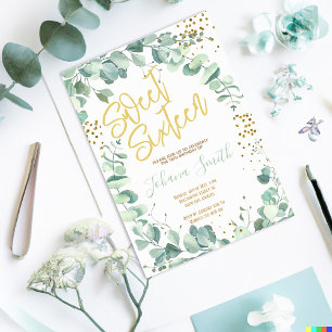 Sweet Sixteen Eucalyptus Gold Birthday Uitnodiging
